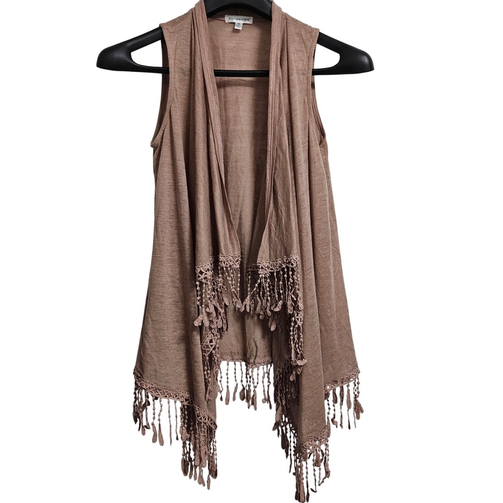 Roommates Boho Vest Womens Med Brown Draped Open Front Lace Trim Tassel Fringe